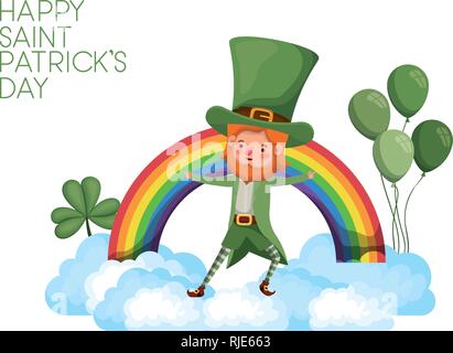 happy saint patrick`s day label with leprechaun and rainbow Stock Vector